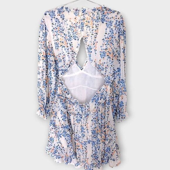 Ladies Dress Sz XL Ruffles Floral Blue Low V Open Back Coquette Cottagecore Shee - Picture 2 of 14